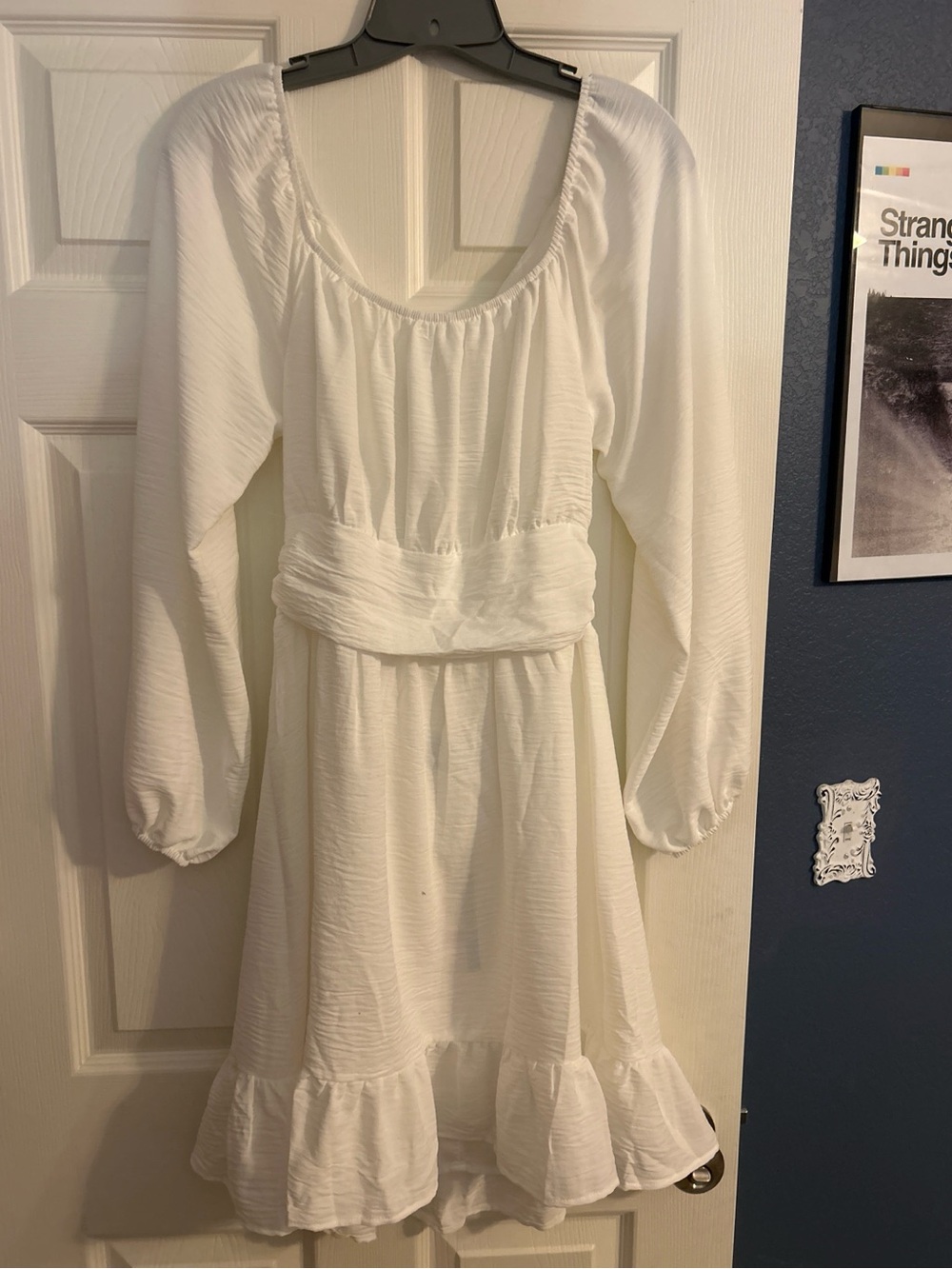 White Long Sleeve Ruffle Hem Dress